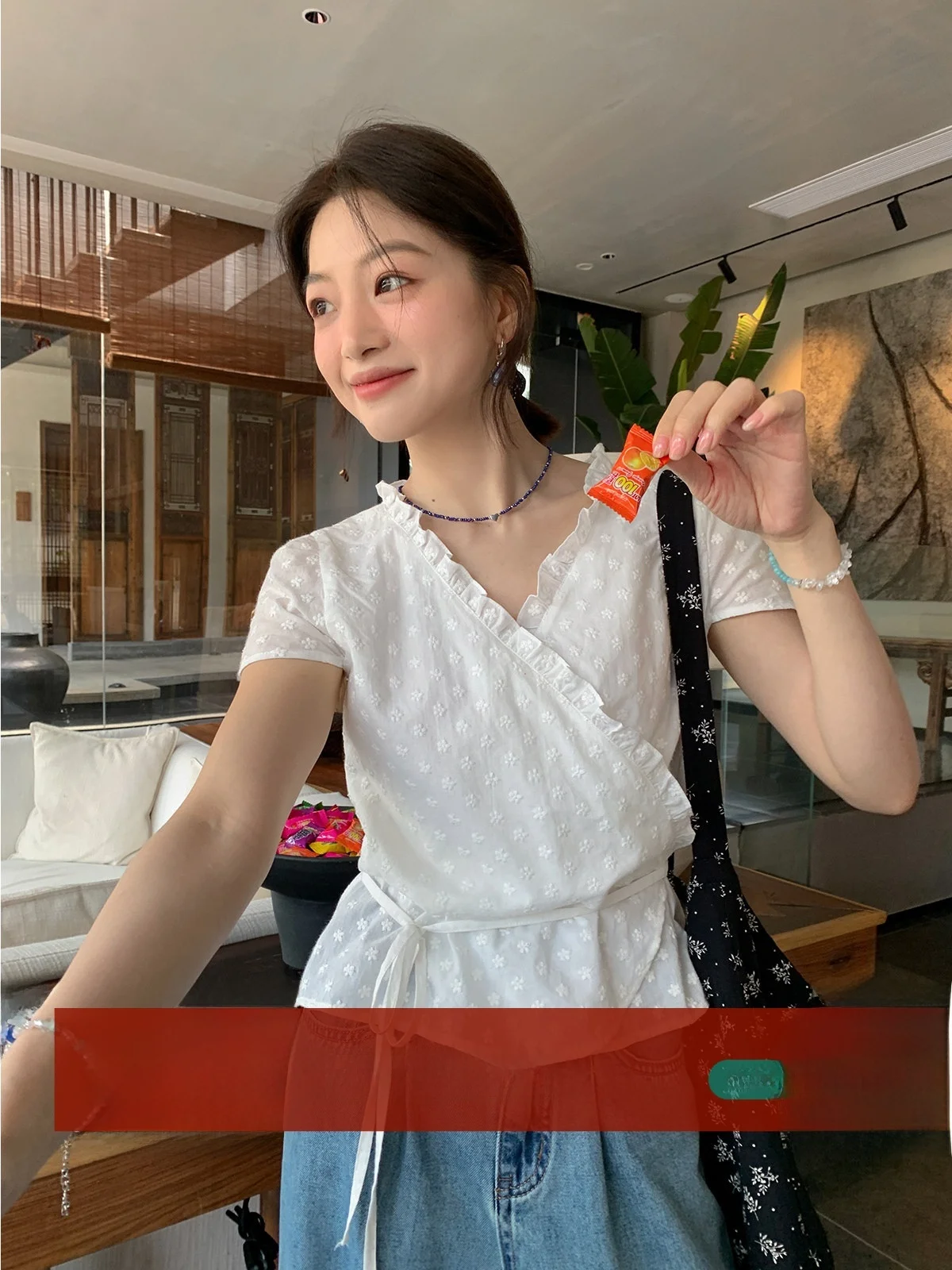 

Летний топ Sisilyon Ele Gentle Wind с V-образным вырезом, рюшами и завязками на талии, женский, маленький размер, хлопковый, с вышивкой