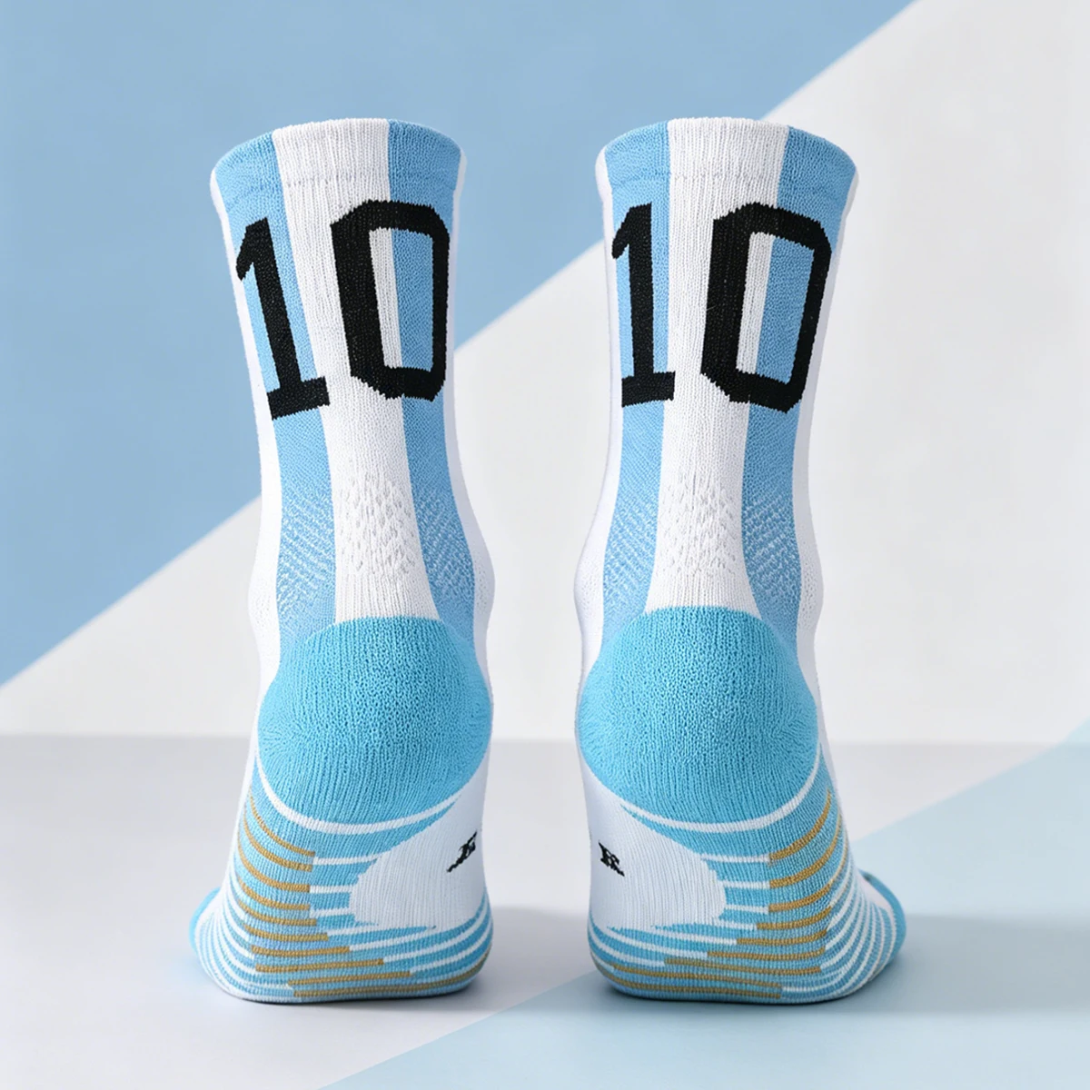 1 Pair of No. 10 Star Number Football Socks, Blue and White Color-Blocking Professional Sports Mid-Calf Socks, Non-Slip and Breathable, Unisex Non-Slip Shock-Absorbing Training Socks view 4