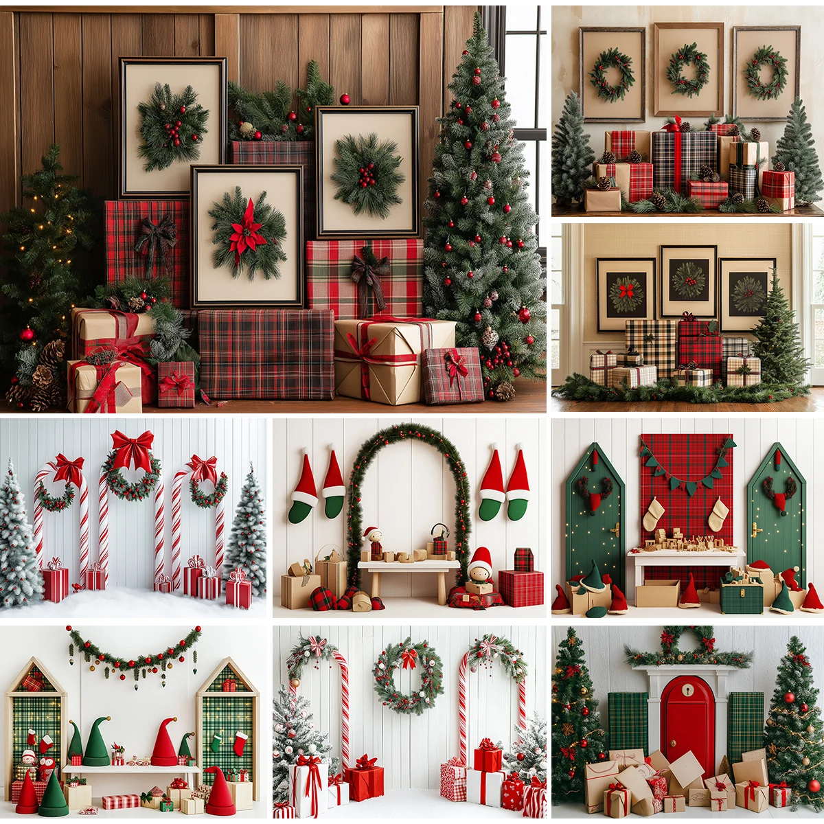 Santa Claus Studio Photography Backdrops Adult Kids Portrait Photocall Background Red Checkered Xmas Tree Gift Photo Props