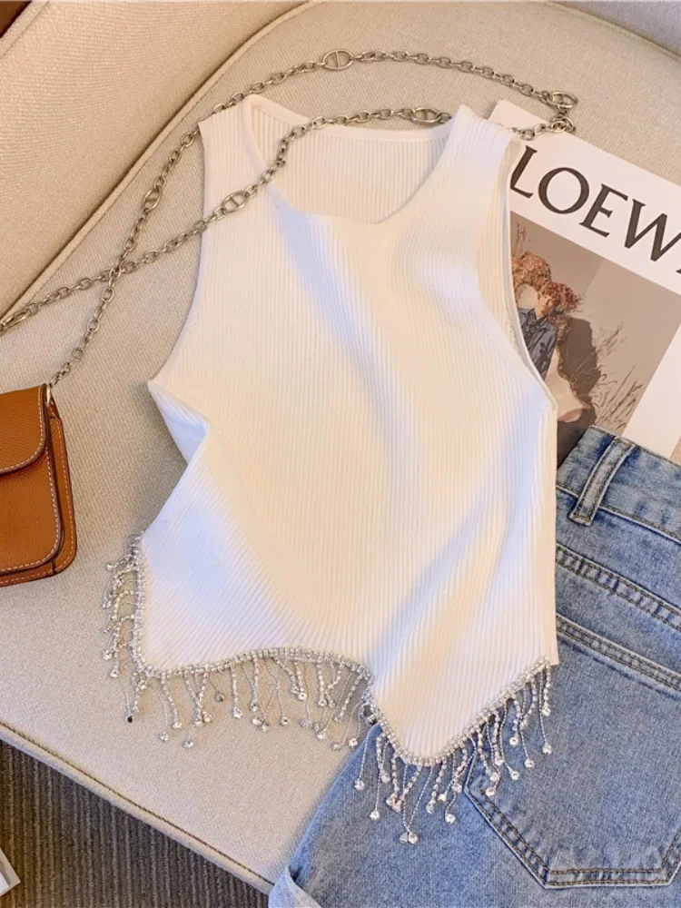 2026 Summer Tassel Tank Tops Women Sexy Sleeveless Camisole Tube Crop Tops Female Diamond Short Camis Tank Slim Crop Vest Tops