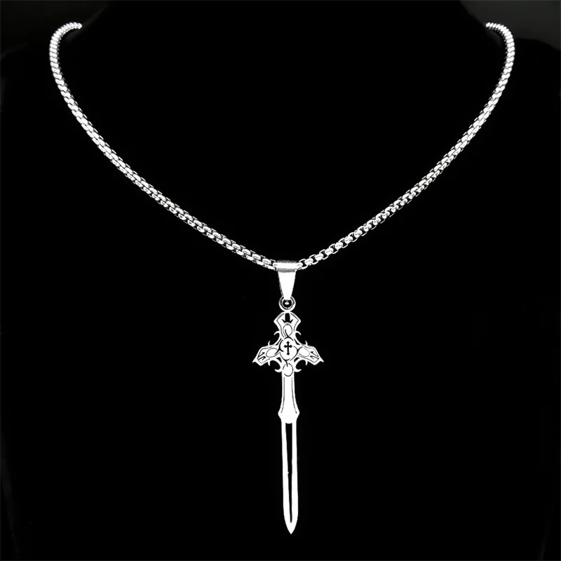 Cross Sword Pendant Necklaces for Men Women Stainless Steel Silver Color Gothic Necklace Jewelry collier acier inoxydable femme