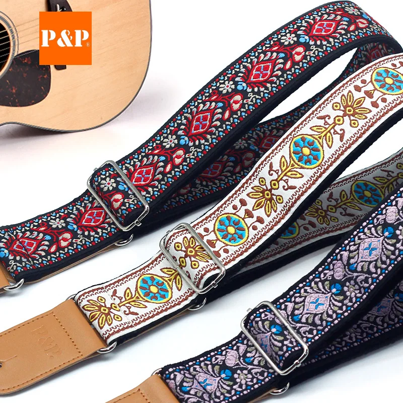 Adjustable Embroidered Cotton Leather Guitar Strap for Electric, Acoustic Guitar & Bass Musical Instrument Accessory