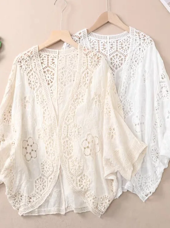 

Романтический однотонный вышитый ажурный открытый кардиган «Летучая мышь Све», большой размер, женский кружевной шил с кондиционером Seven Sve