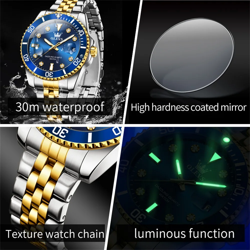 OLEVS 9809 Mens Watch Original Fashion Quartz Watch Zircon Scale Waterproof Luminous Reloj Hombre Automatic Date Watch For Man