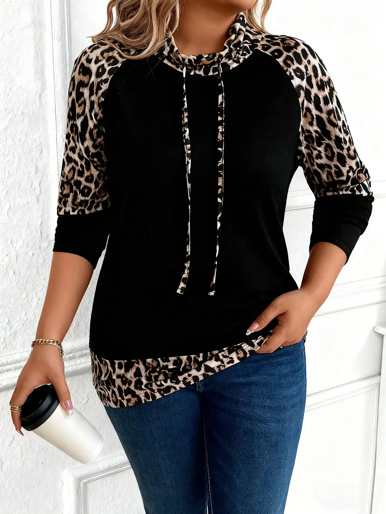 

Plus Size Leopard Print Patchwork Hoodie with Drawstring, Casual Long Sleeve Sweatshirt for Women