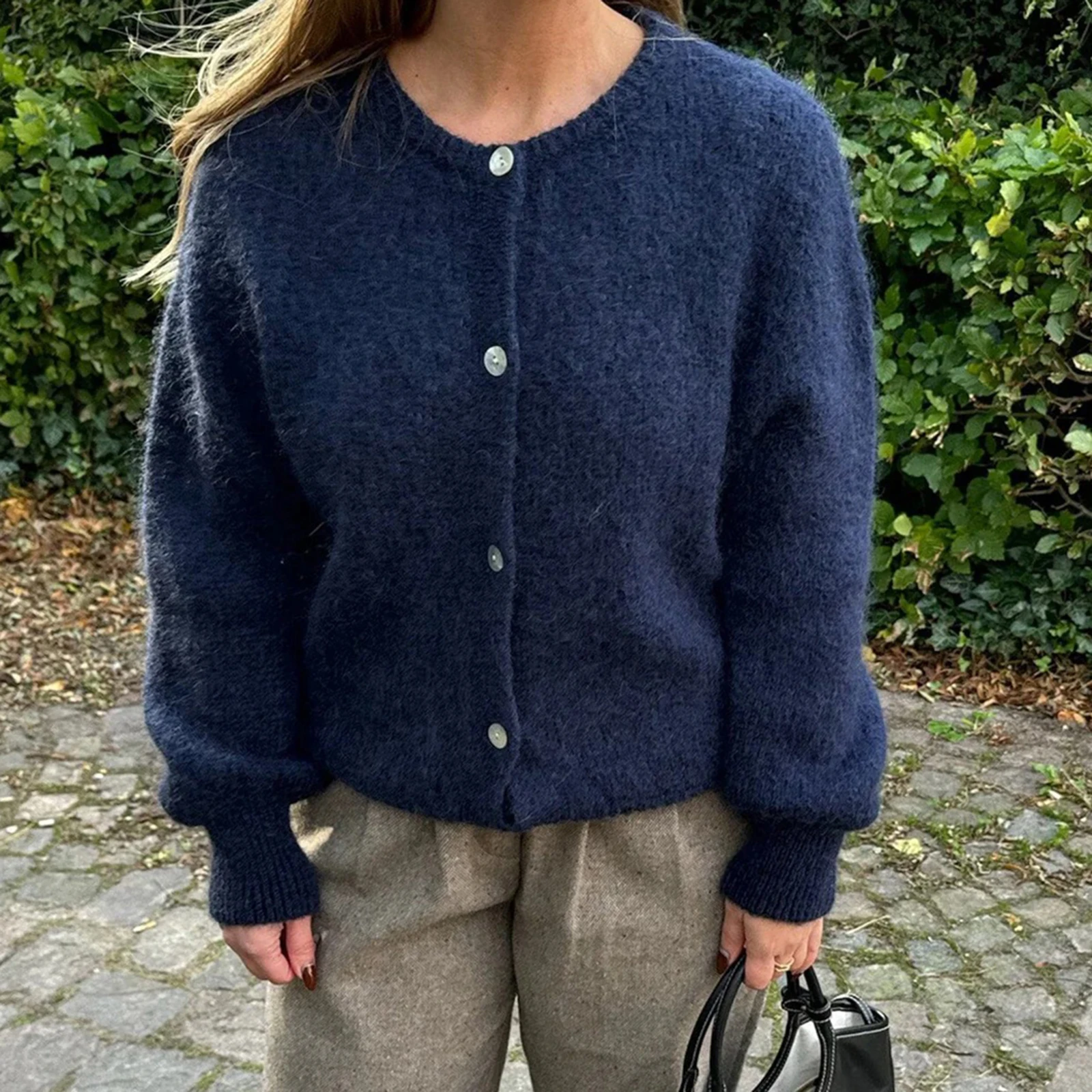 Cardigan tricoté à col ras du cou pour femme, Vintage, basique, simple boutonnage, manches longues, couleur unie, pull boutonné, haut court, automne y2k