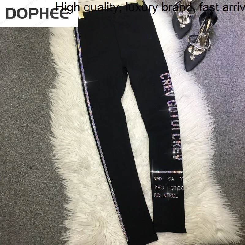 Hot Sparkling Letters Drilling Female Leggings Side Colored Diamond Slim Black Bottoming Pants Stretch High Waist Skinny Legging