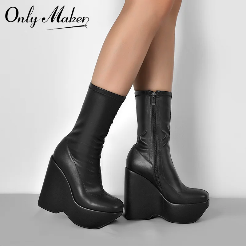 Onlymaker Women\'s Wedge Black Platform Zip Up Mid-Calf Boots Ankel Boots Soft Leather For Party Dress Lady Matte Booties