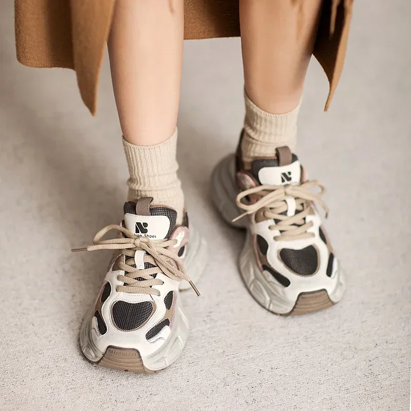 Krasovki 5.5cm  Air Mesh Ankle Chunky Sneaker Autumn Women Comfy Spring Summer Booties Boots Shoes Genuine Leather Mixed Color image 4