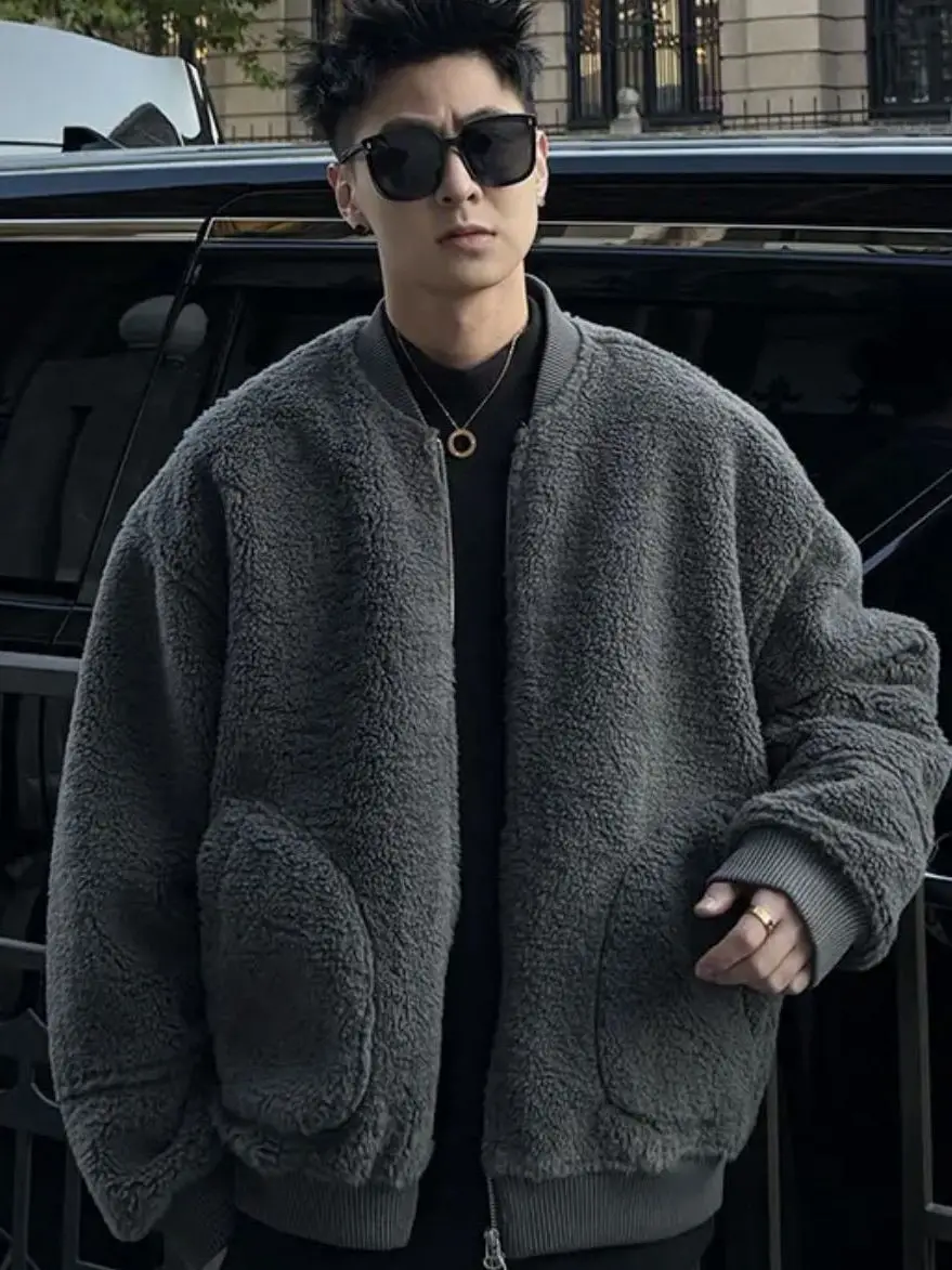 

Men's Thickened Warmth Lamb Fur Jacket Baseball Collar Coat Autumn Winter Cotton Clothes 300 Pounds Large Size Youth Fashion