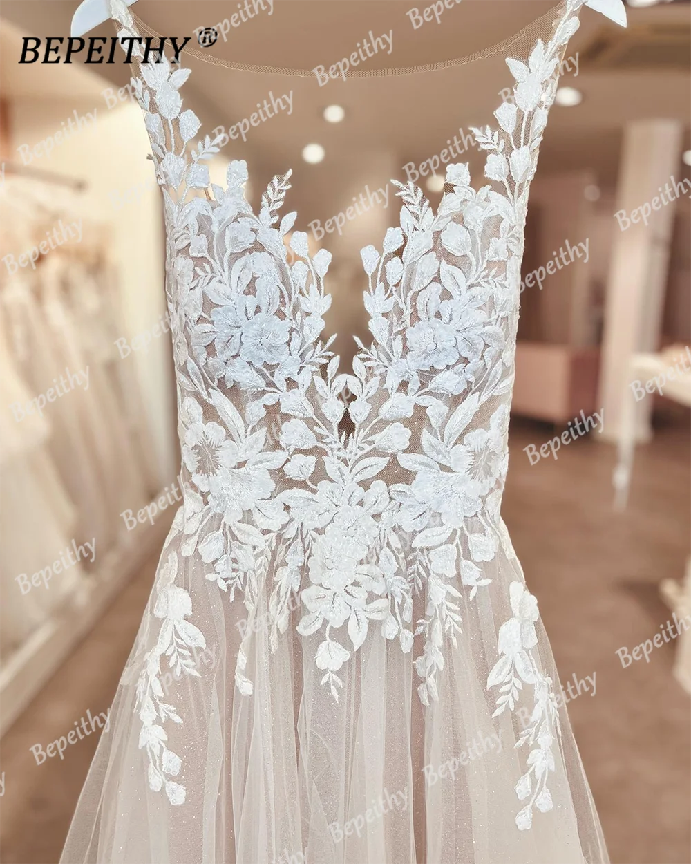 BEPEITHY Customized Scoop A Line Glitter Bride Wedding Party Dresses 2023 For Women Sexy Backless Lace Ivory Boho Bridal Gown