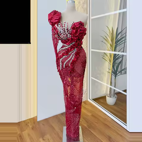 Luxury Evening Dress Red Ruffle Mermaid Dress Crystal Sequin Evening Gown See-Through Irregular Sleeves Party Dress Customizable