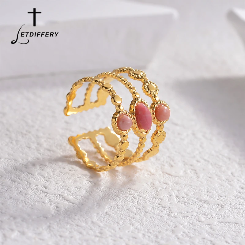 Letdiffery Vintage Three-row Pink Stones Ring Stainless Steel for Women Gold Color Geometric Open Rings Jewelry Gift