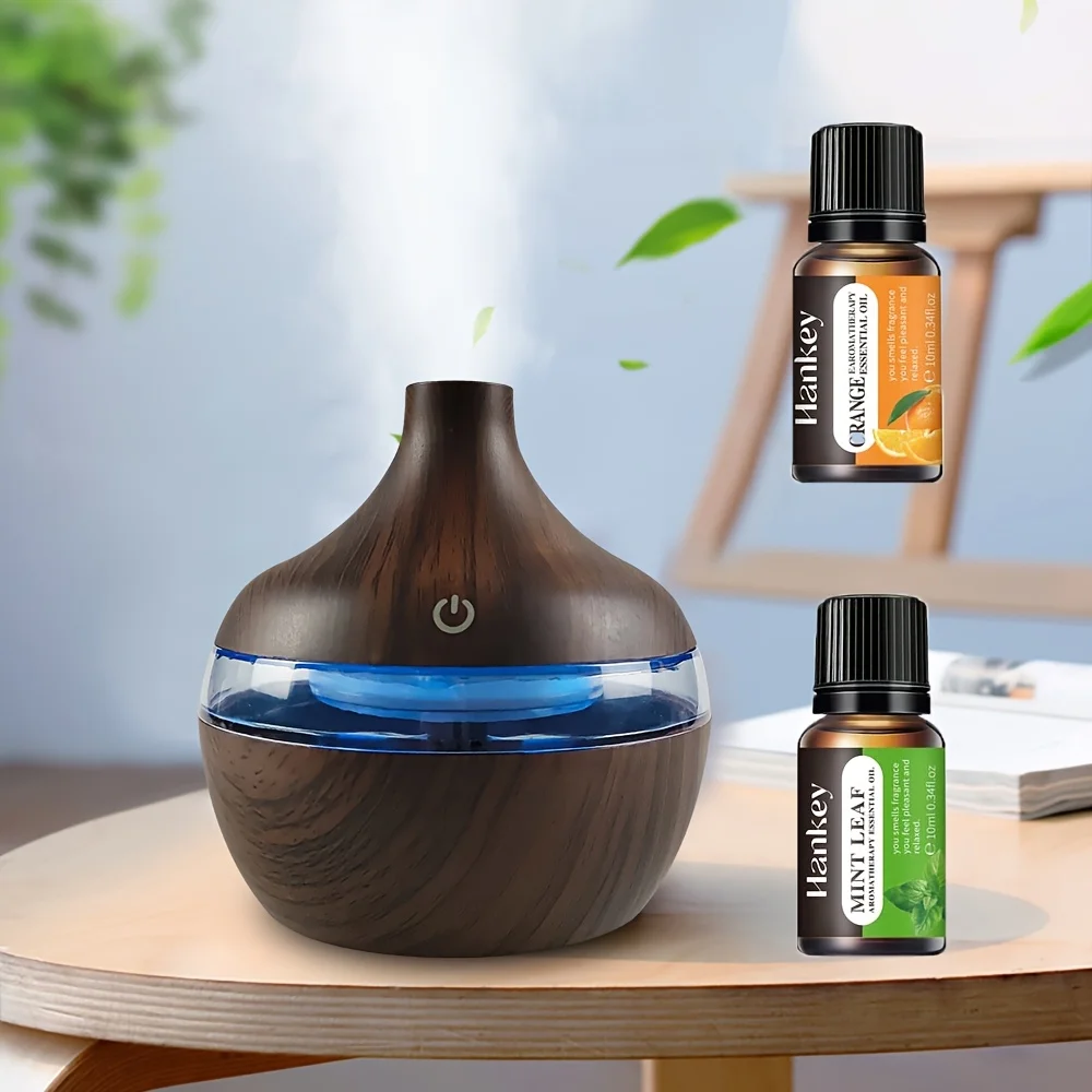 Elegant USB-Powered Wood Grain Humidifier with Touch Control - 10.14oz Aromatherapy Oil Diffuser Featuring Night Light, Includes