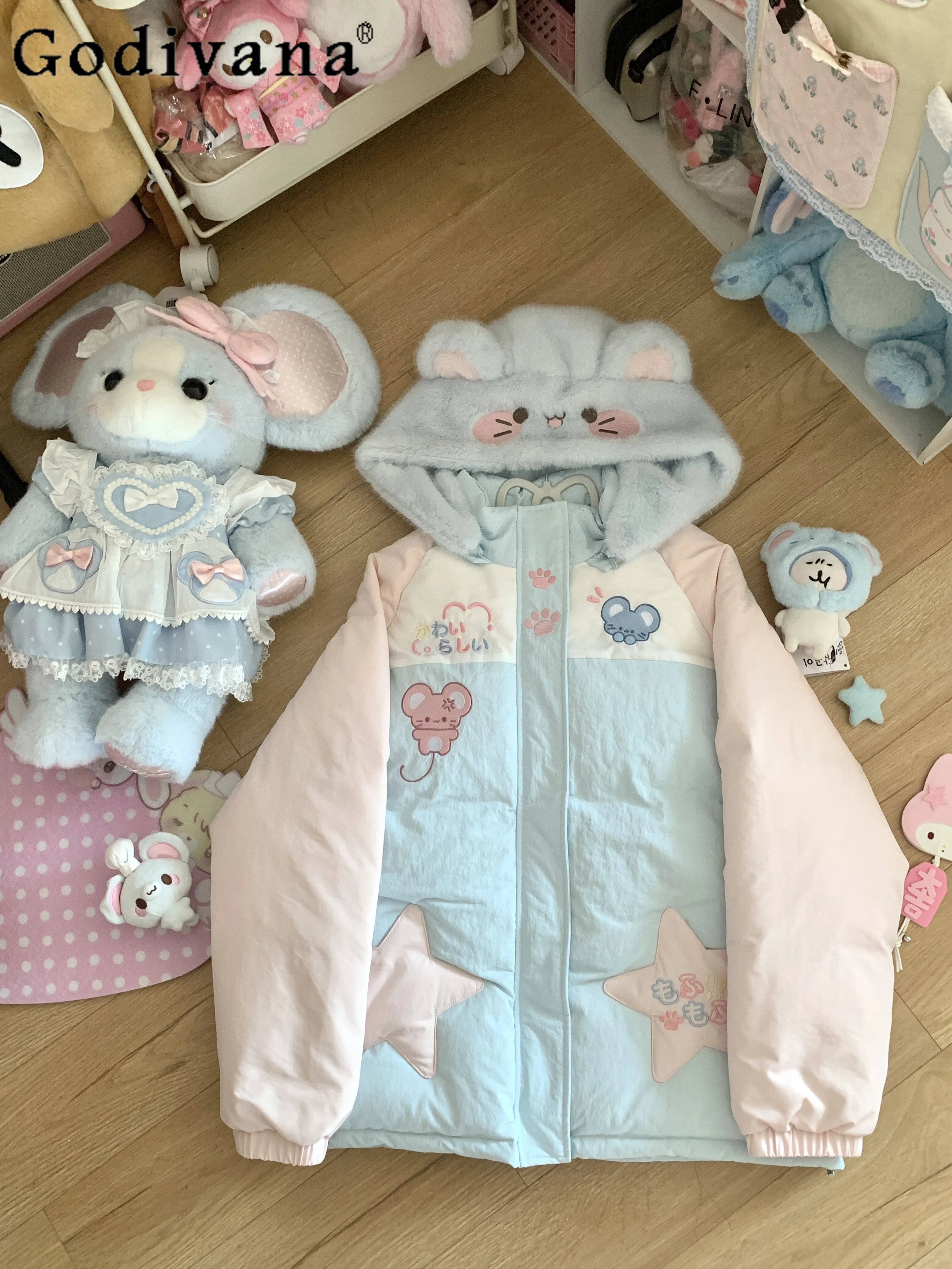 

Японские мягкие парки Kawaii с капюшоном для девочек, зимние женские теплые утепленные пуховые парки, студенческая короткая куртка с вышивкой из мультфильма Y2K