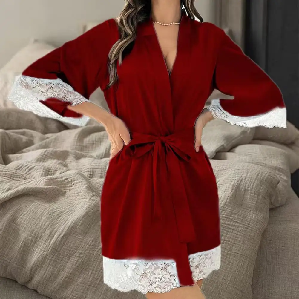 Home Casual Robe Ice Silk 3/4 Sleeve Sexy Kimono Bride Bathrobe Mid Sleeve Long Lace Lace Nightgown Lace Ties Home Wear