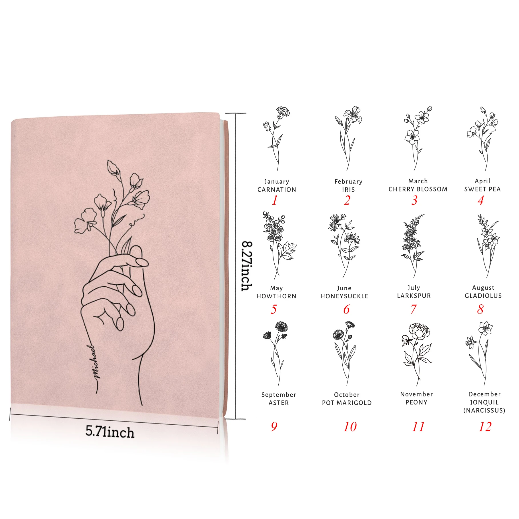 Personalized Custom Name Birth Flower Journal Gifts Leather Notebook Anniversary Birthday Gift for Friend Besties Notepad Supply