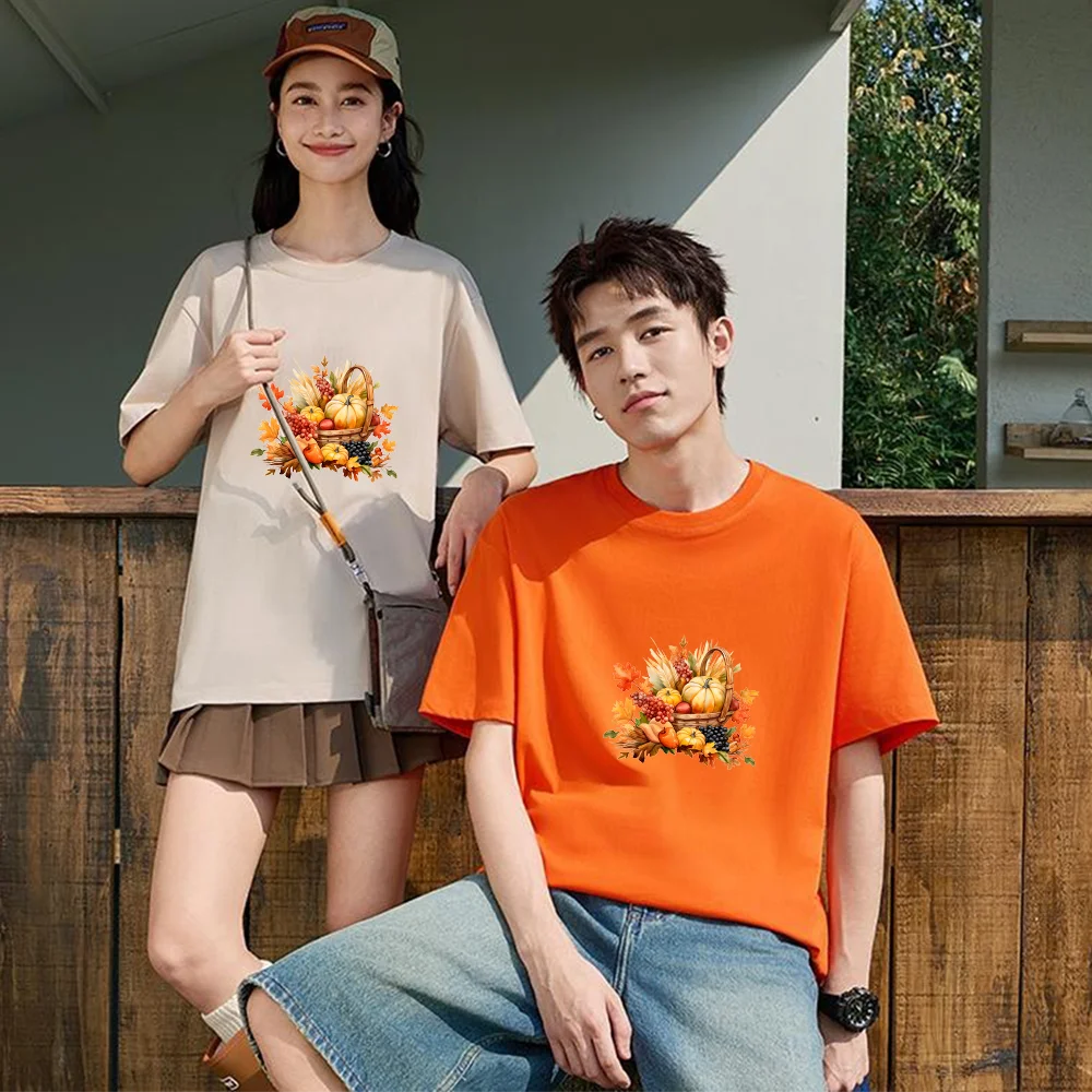 Harvest Autumn Pumpkin Fruit Basket Printed T Shirt Breathable Fabric S-XXL Personalized Custom Casual Short Sleeve Tee Aestheti