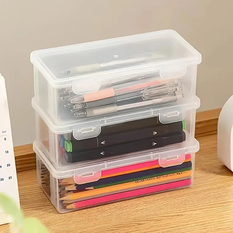 With Buckled Pencil Box Large Capacity Transparent Waterproof Stationery Case Dustproof Plastic Desktop Storage Box Mark Pens