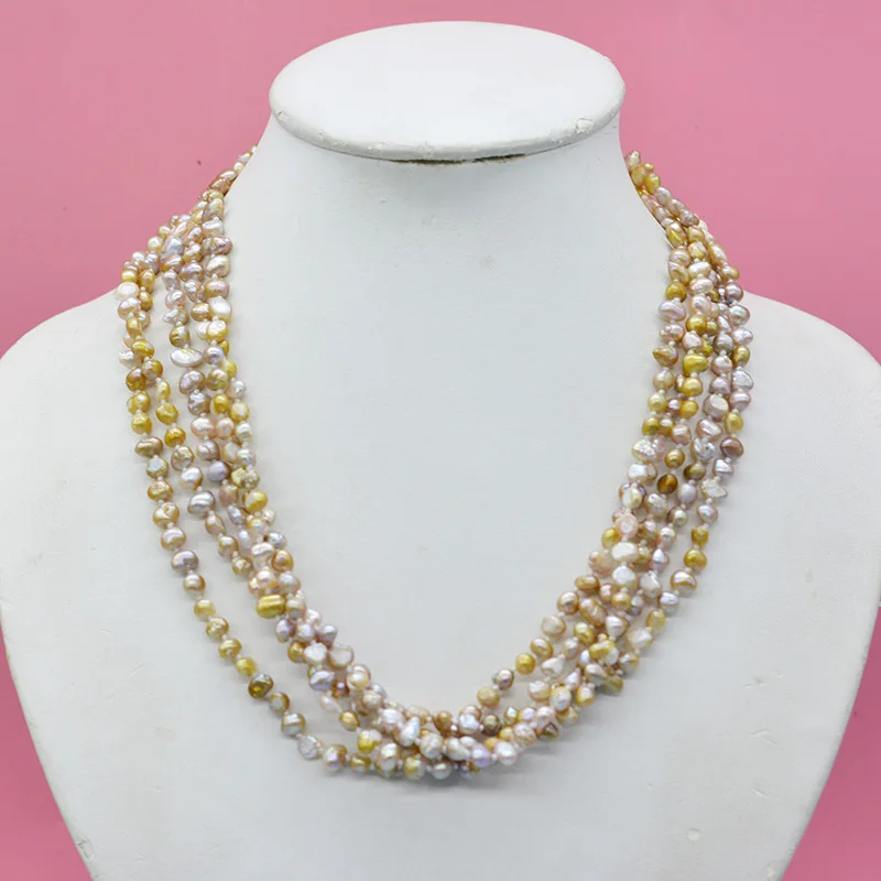 5 Strand 4MM 100% Natural Wild Baroque Pearl Necklace 19“