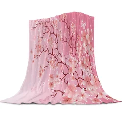 Sofa Couch Bed Summer Large Travel Camping Gifts for Girls and Women Cherry Blossom Plum Branch Pink White Flannel Throw Blanket