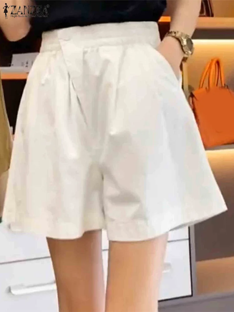 ZANZEA 2025 Summer Fashion Shorts Women Elastic Waist Casual Pockets Wide Leg Pants Loose Solid Color Vintage Trousers Pantalons