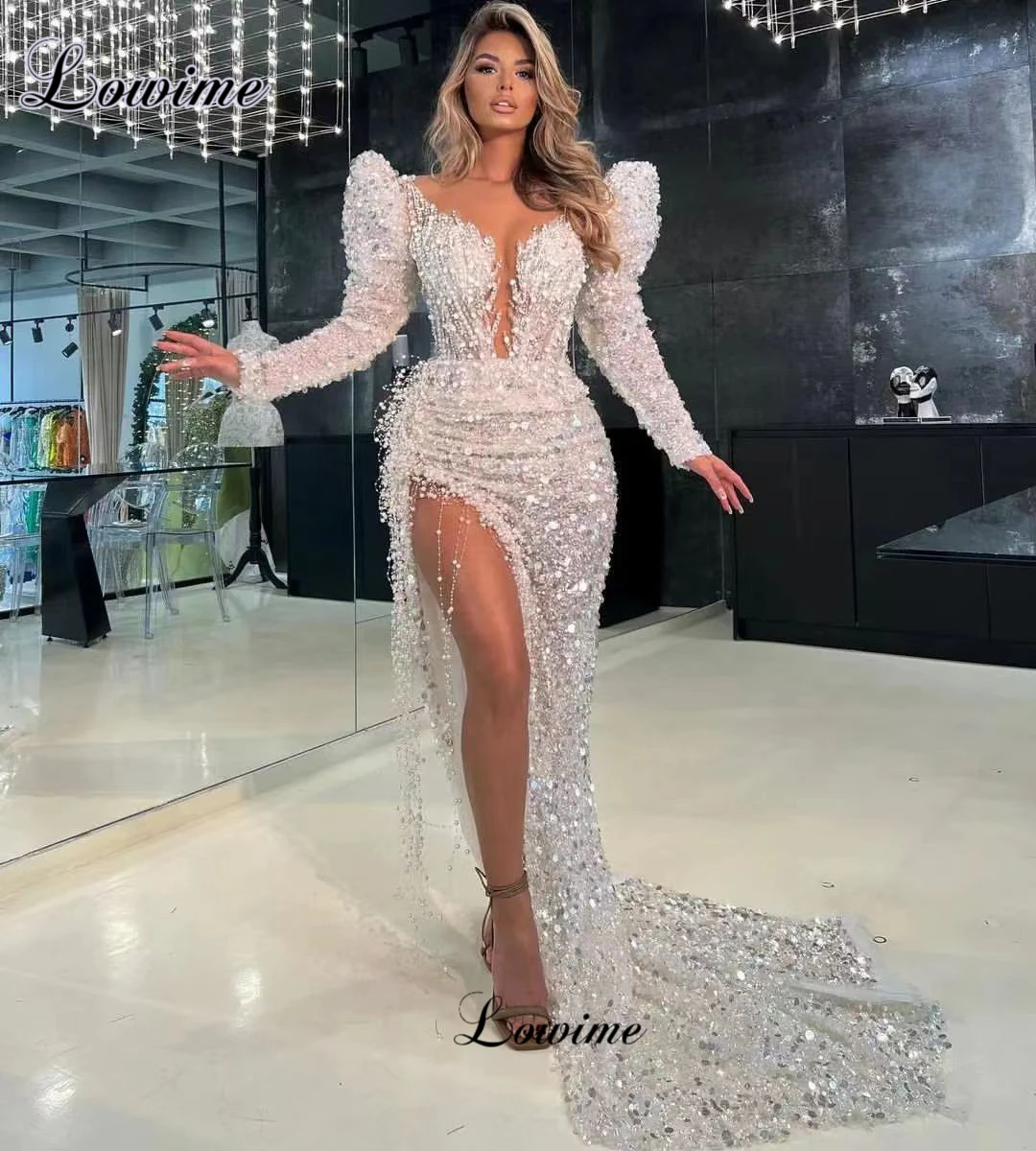 New Fashion Ivory Sequined Prom Dresses With Side Slit Long Sleeves Cocktail Dresses For Women Vestidos De Cóctel Party Gowns