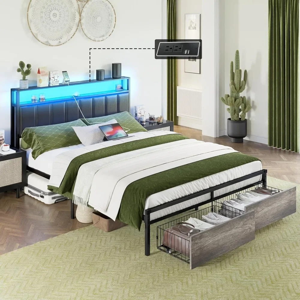 Bed frame with drawers, full platform bed frame with 2 layers of storage, charging headboard, no need for spring mattresses