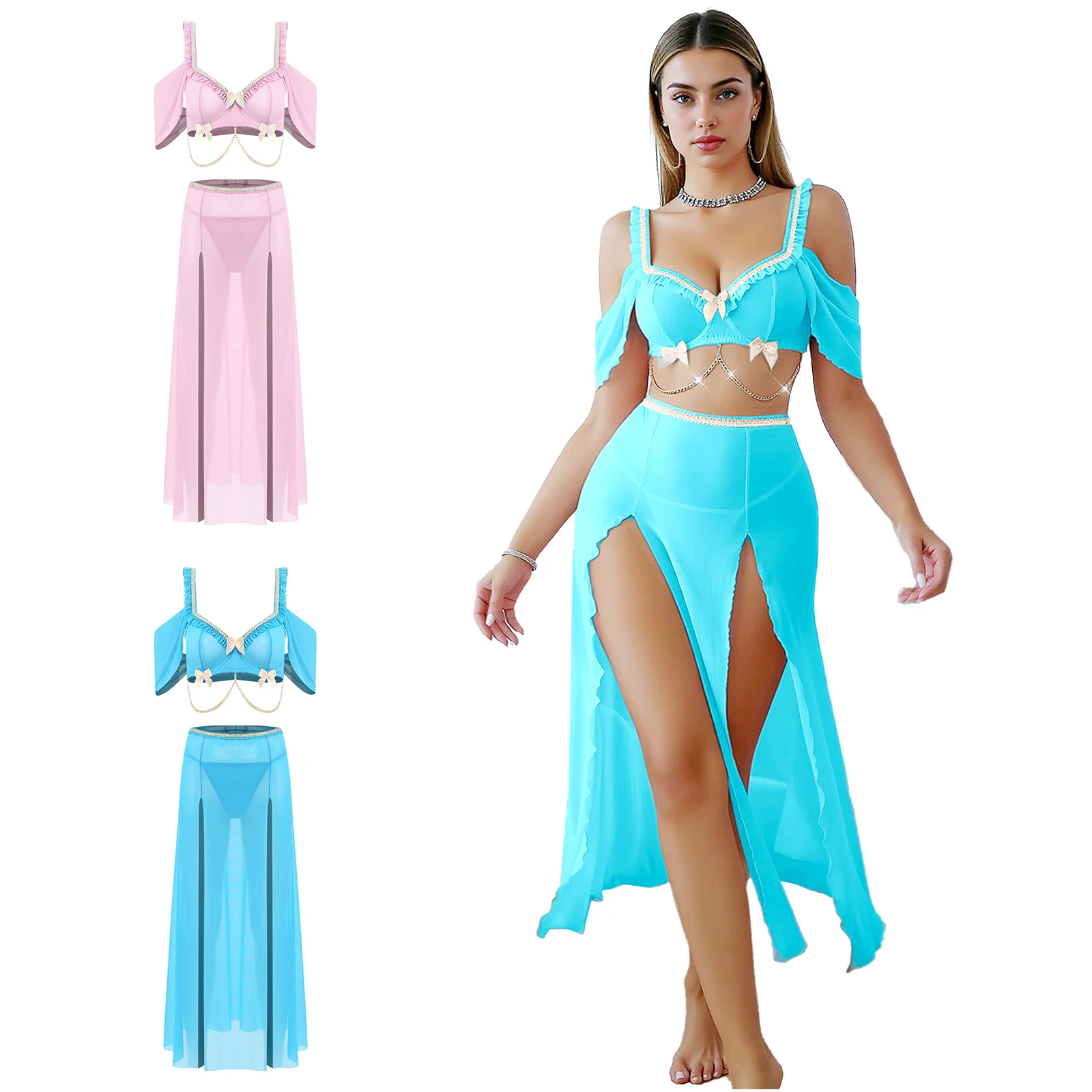 Elegant Womens Arab Princess Cosplay Costume Bow Underwire Bra Crop Top High Slit Mesh Skirt And T-back Thong Belly Dance Outfit