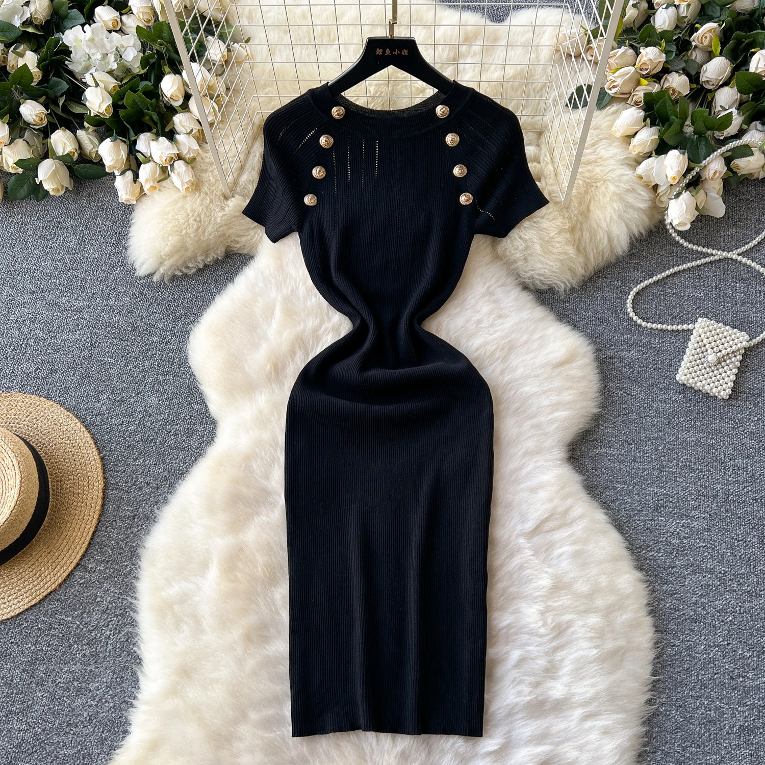 

Elegant o neck short sleeve Knit Sequined Button Dress Slim Basic Fashion Sweater Vestido Sexy Women dresses