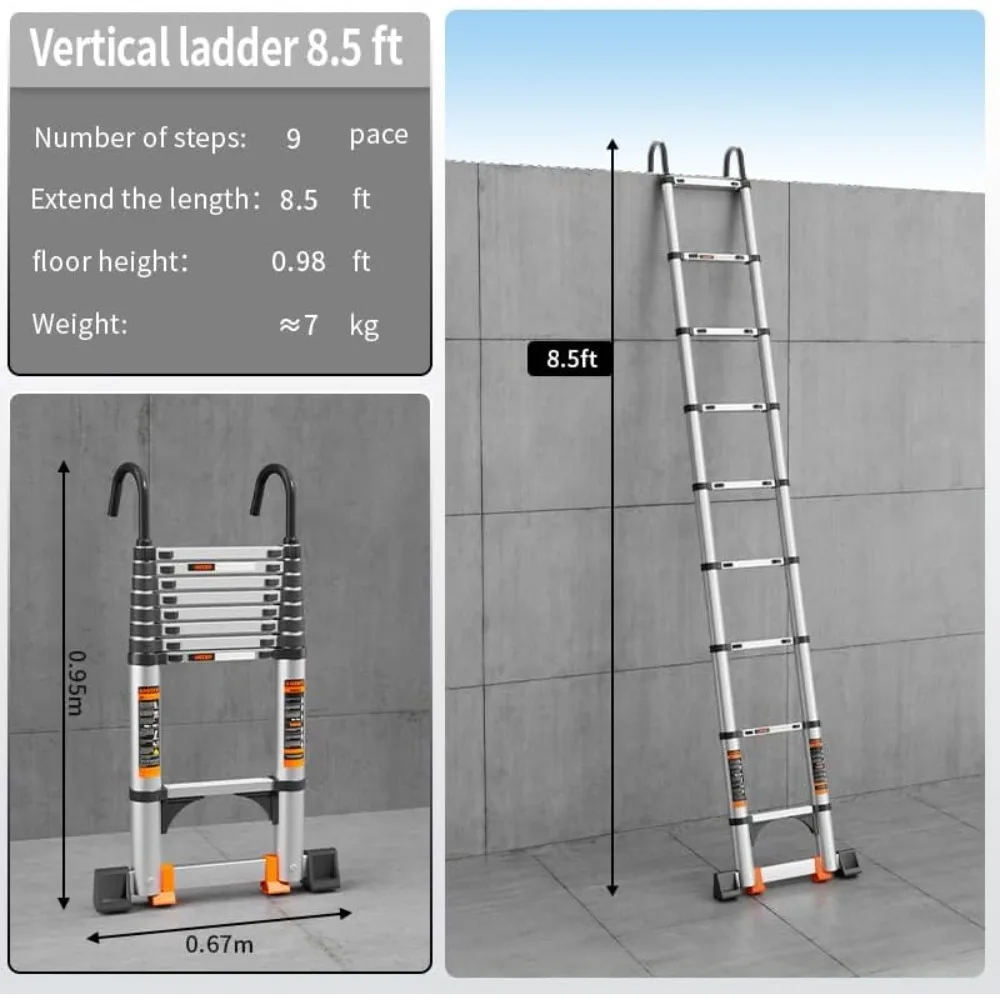 8.5FT Aluminum Telescoping Ladder with Stabilizers & Hooks, 330lb Capacity for RV Outdoor Work