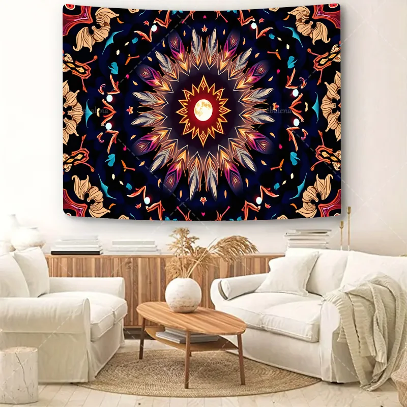 قطعة واحدة من نسيج الحائط بوهو ماندالا مع تصميم القمر لديكور الغرفة البوهيمية