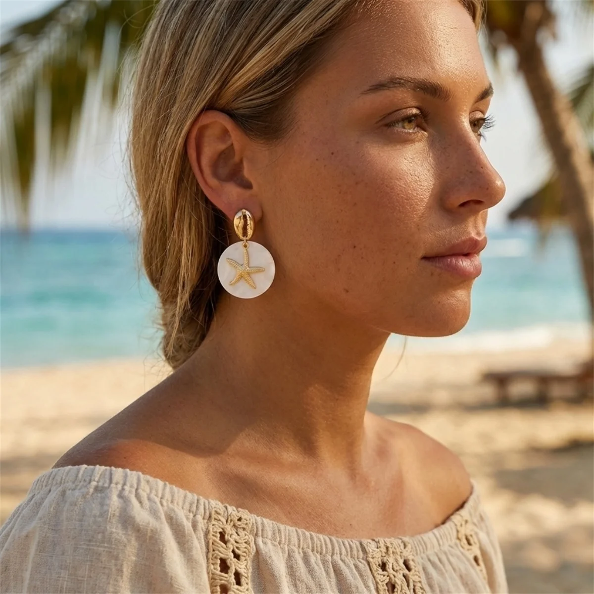 Sommerliche runde Muschel-Seestern-Ohrhänger aus Acryl für Damen und Herren, Boho-Ozean-Strand-Urlaub, Muschel-Quasten-Ohrringe, Party-Schmuck – Detail 4