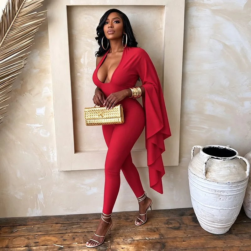 Women Sexy One Shoulder Shawl Skinny Jumpsuits Deep V-neck Lace Up Halter Backless Ruched Peach Hips Slim Club Party Overalls