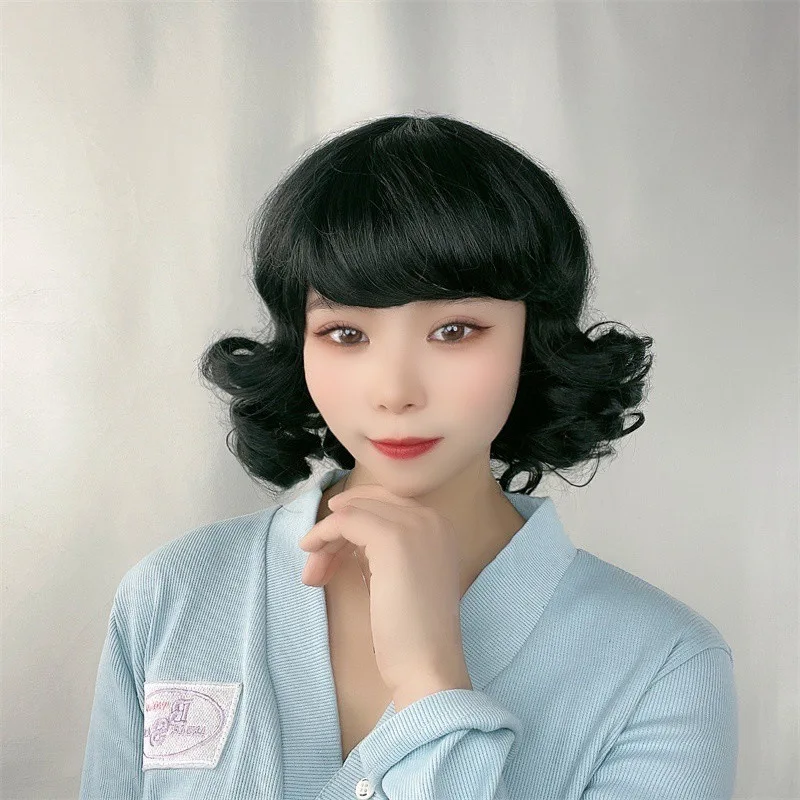 Wig women, medium-length curly hair with bangs, pear-shaped hairstyle, egg roll style, suitable for middle-aged and elderly