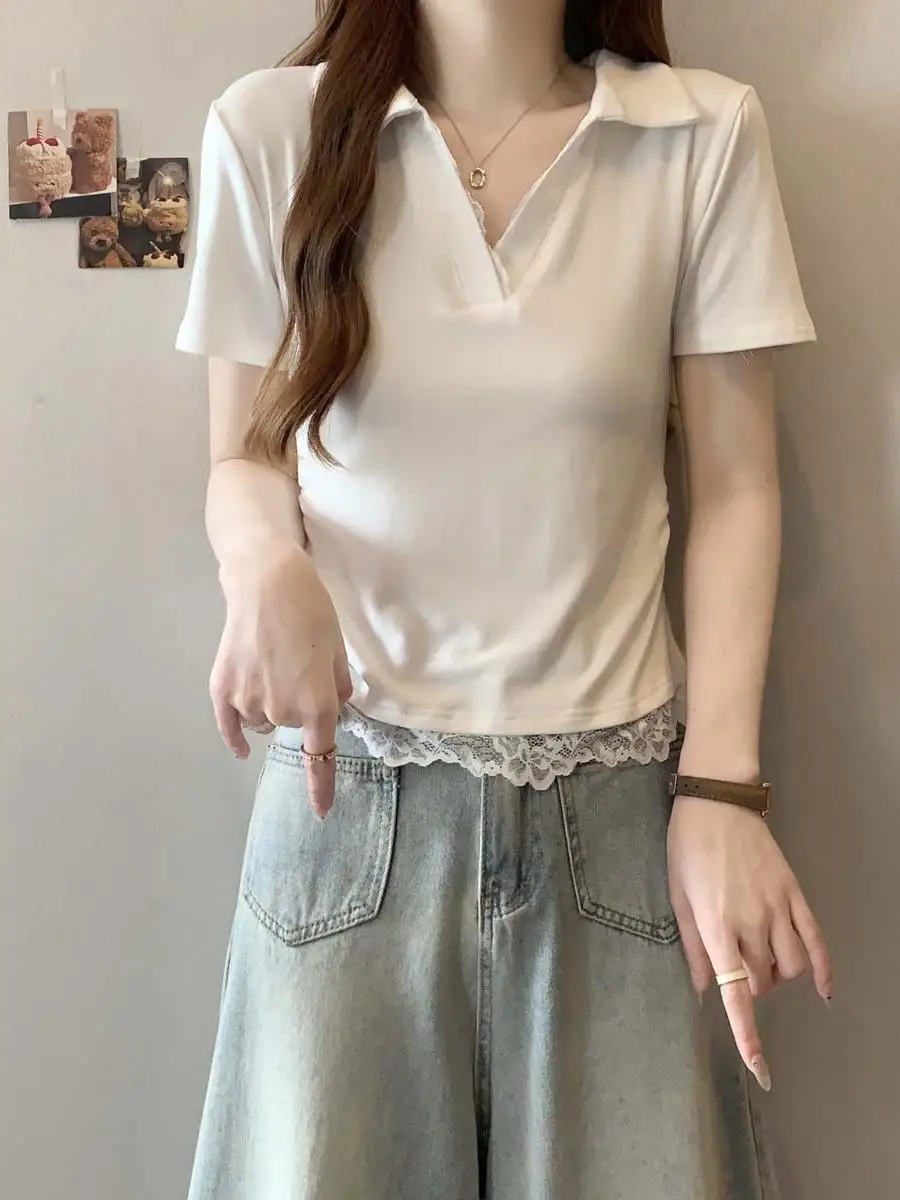 Lace Splice V-neck Short Sleeve  Shirt Women's Summer New Large Size Fat MM High-grade Short Shoulder Top Korean Style