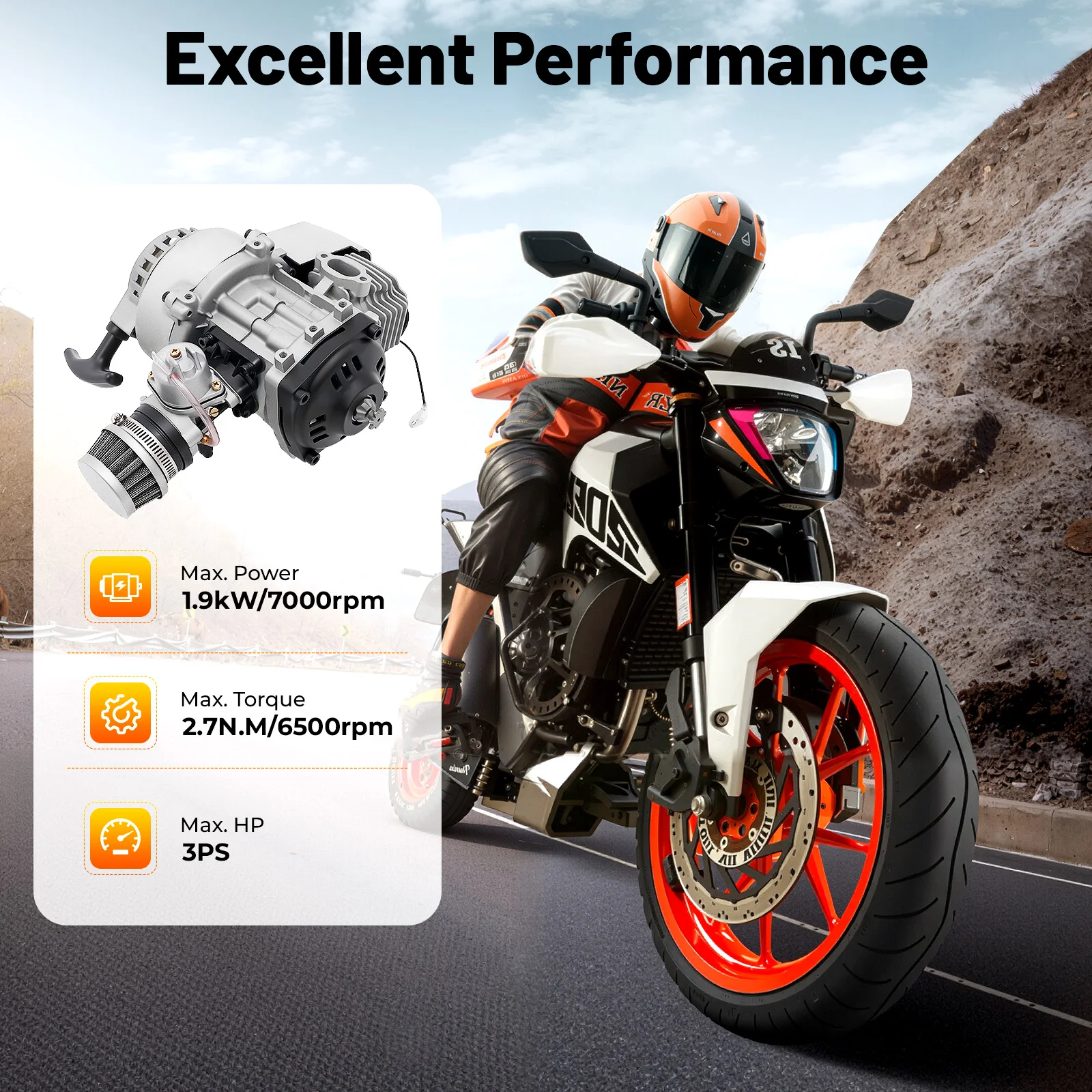 

49cc 2 Stroke Mini Engine Motor, 12500rpm Air-Cooled Racing Engine for Pocket Bicycle Mini Off-Road Vehicle Atv