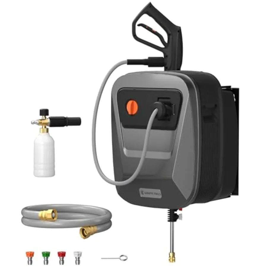 Wall Mounted Pressure Washer G20 2500 PSI 2.2 GPM with 65FT Hose Reel 4 Nozzles for Floor Cars Fences Patios Dark Silver Case G