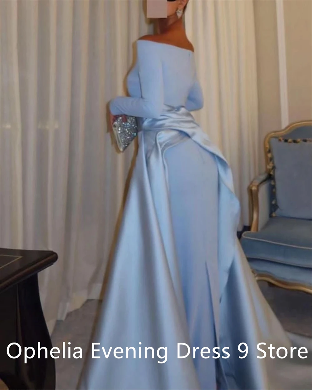 Customized Temperament Blue Jersey Evening Dress Exquisite Strapless Off the Shoulder Long Sleeves  Bespoke Occasion Gowns image 6