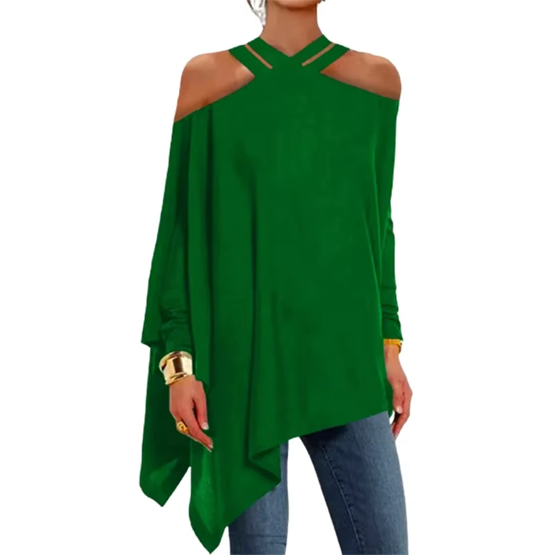 

Freeacy Solid Color Asymmetric Loose Off the Shoulder Long Sleeves Shirt Tops Spring Summer Daily Casual Blouses For Women