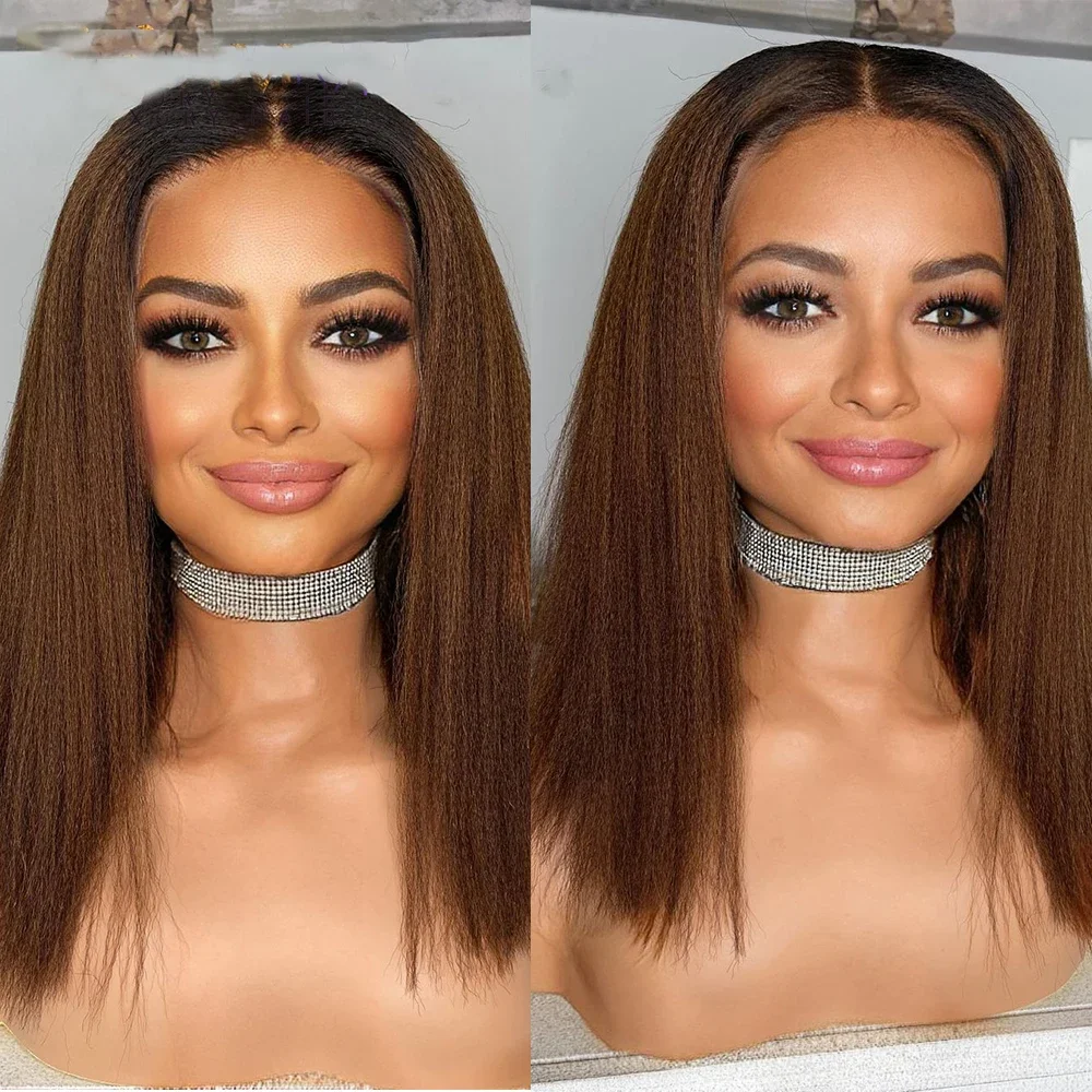 QW Soft Preplucked Ombre Brown 180Density Long Kinky Straight Yaki Synthetic Lace Front Wig For Black Women Babyhair Glueless