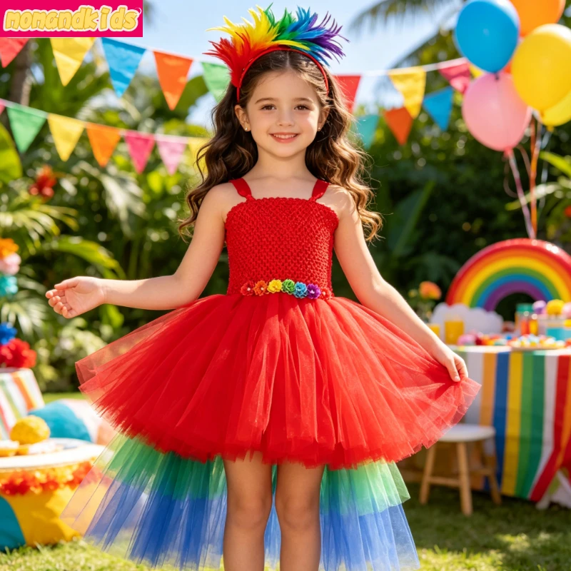 Parrot Bird Cosplay Tutu Dress Red Tulle Skirt Rainbow Floral Waist Long Gradient Train with Feather Headband for Party Costume