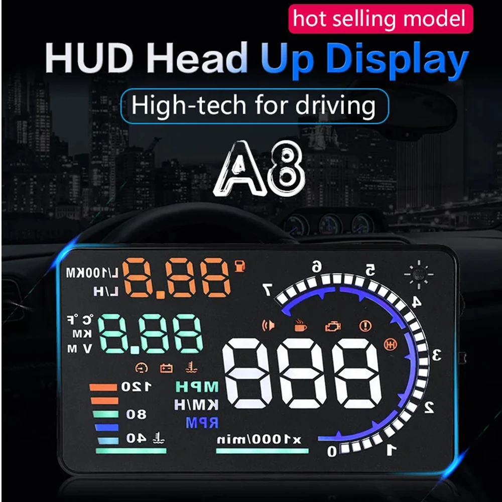 

​A8 OBD2 HUD Car Head Up Display Windshield Projector Speed Fuel Warning Voltage Alarm Speed Water Temp Data Diagnostic Tool