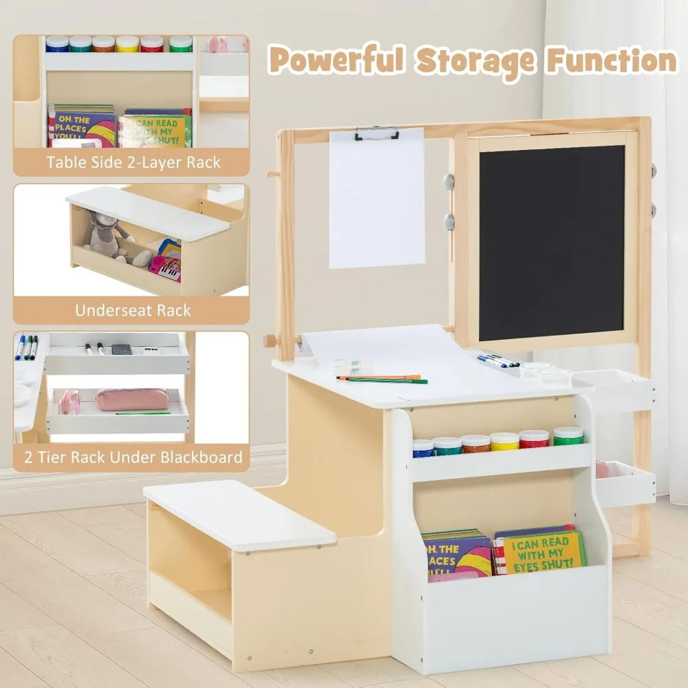 3 in 1 Kids Art Table and Chair Set, Toddler Craft and Play Wood Activity Desk with Double-Sided Easel Blackboard Whiteboard