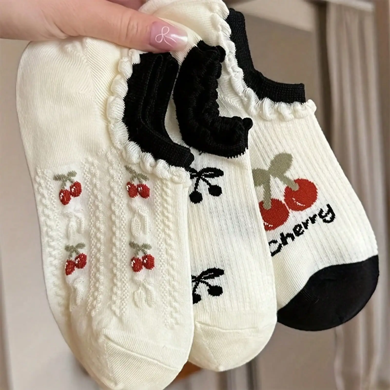 3 pairs of breathable women's socks with white cherry-red mesh lace design, cute and beautiful spring/summer style