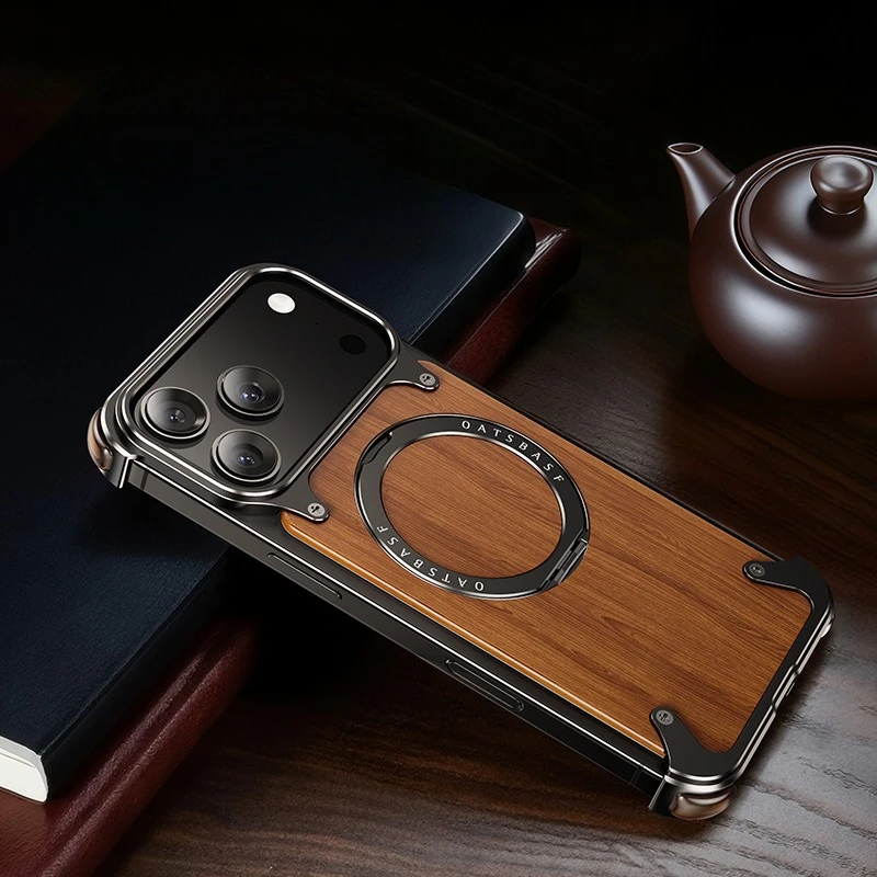 

Чехол для телефона Oatsbasf из натурального дерева для iPhone 17 Pro/Pro Max/17 Air с кольцевой подставкой 360° ° Вращающийся магнитный противоударный чехол для телефона