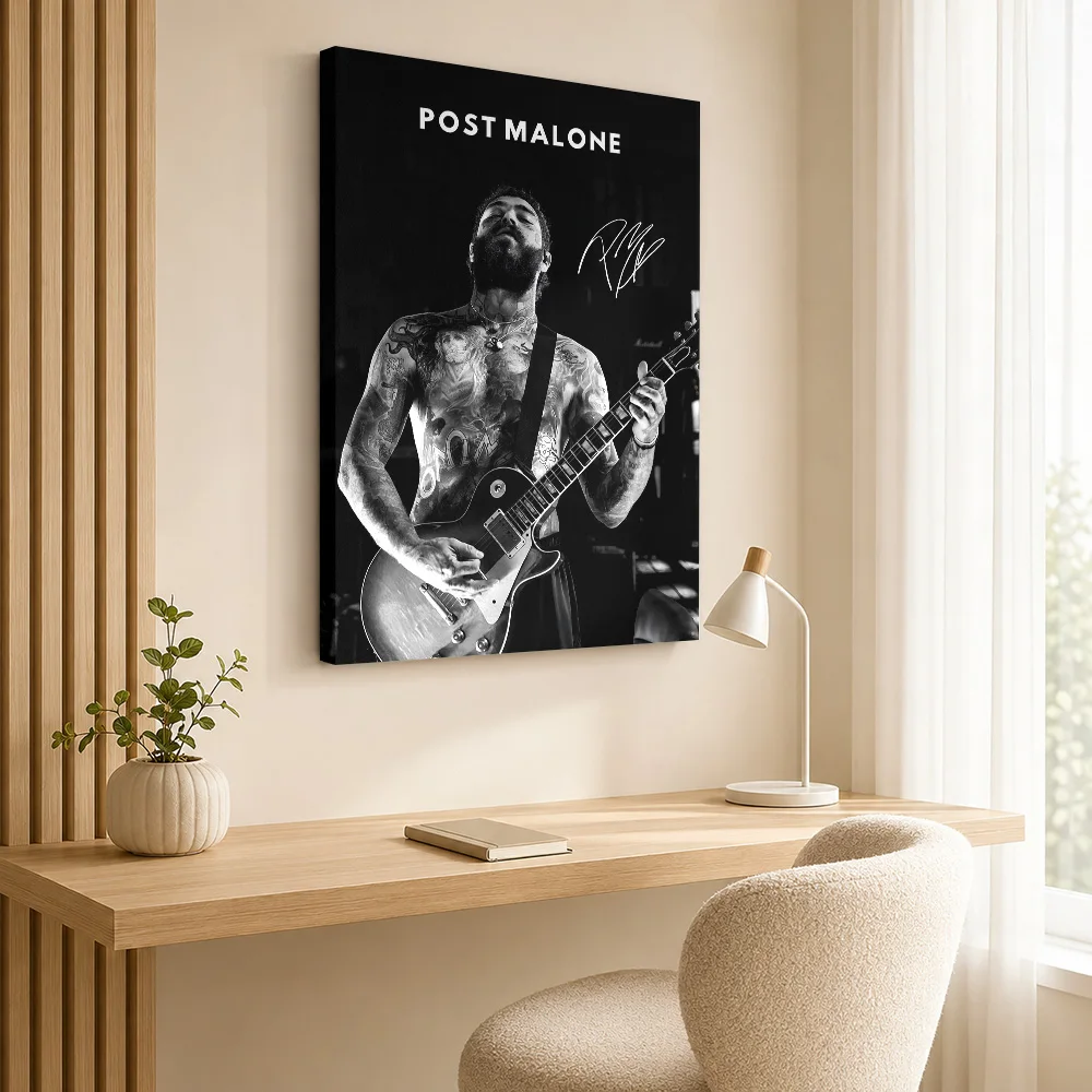 Post Malone Playing Electric Guitar Canvas Print Customized Photo High Contrast Monochrome Wall Art For Music Listening Room