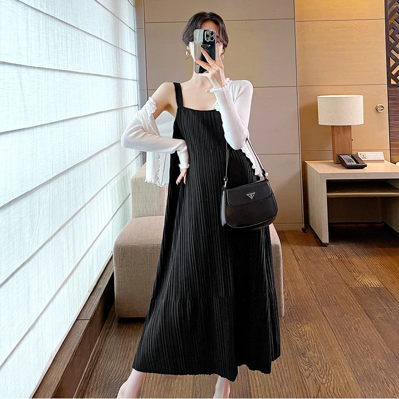 Korean Style Pregnant Women's Thick Strap Dress Sleeveless Maternity Pleated Dress Backless Sexy Pregnancy Dresses Black Yellow