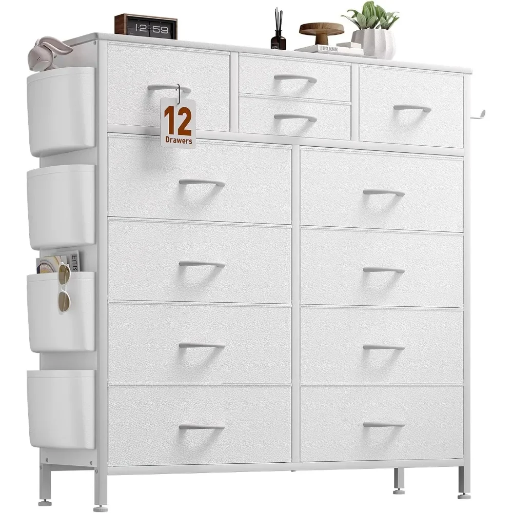 

Dresser for Bedroom with 12 Drawers, Chest of Drawers with Side Pockets and Hooks, PU Fabric Dresser Drawers for Living Room