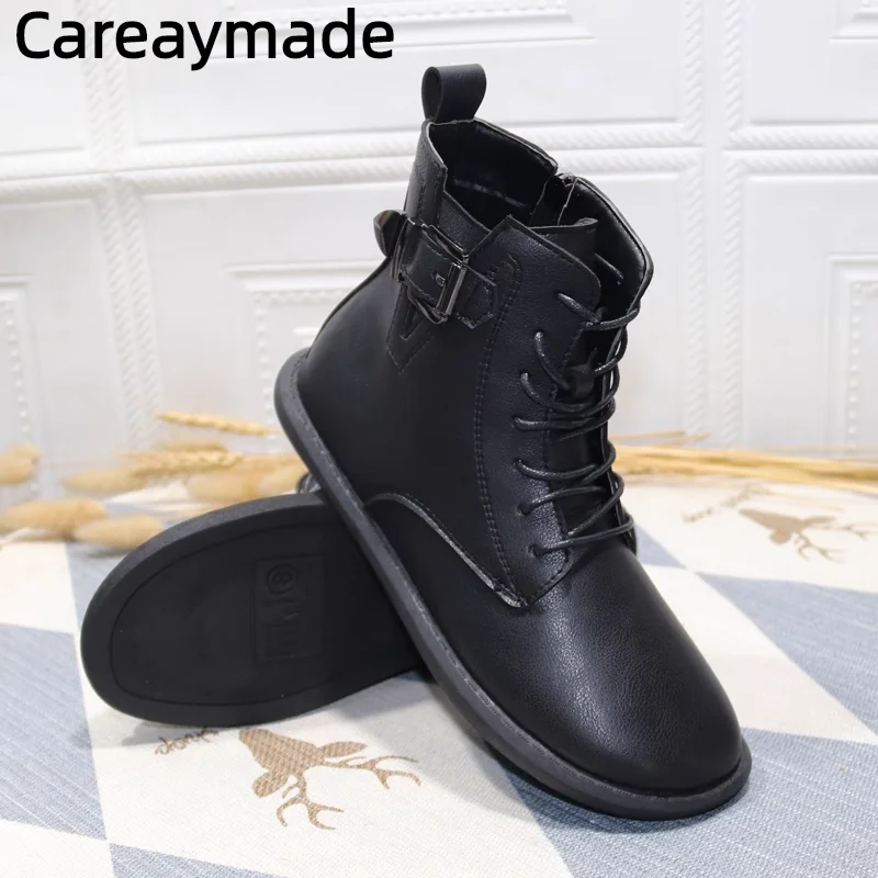 Careaymade-Genuine leather Large size women's boots autumn and winter warm soft sole soft surface buckle zippered short boots